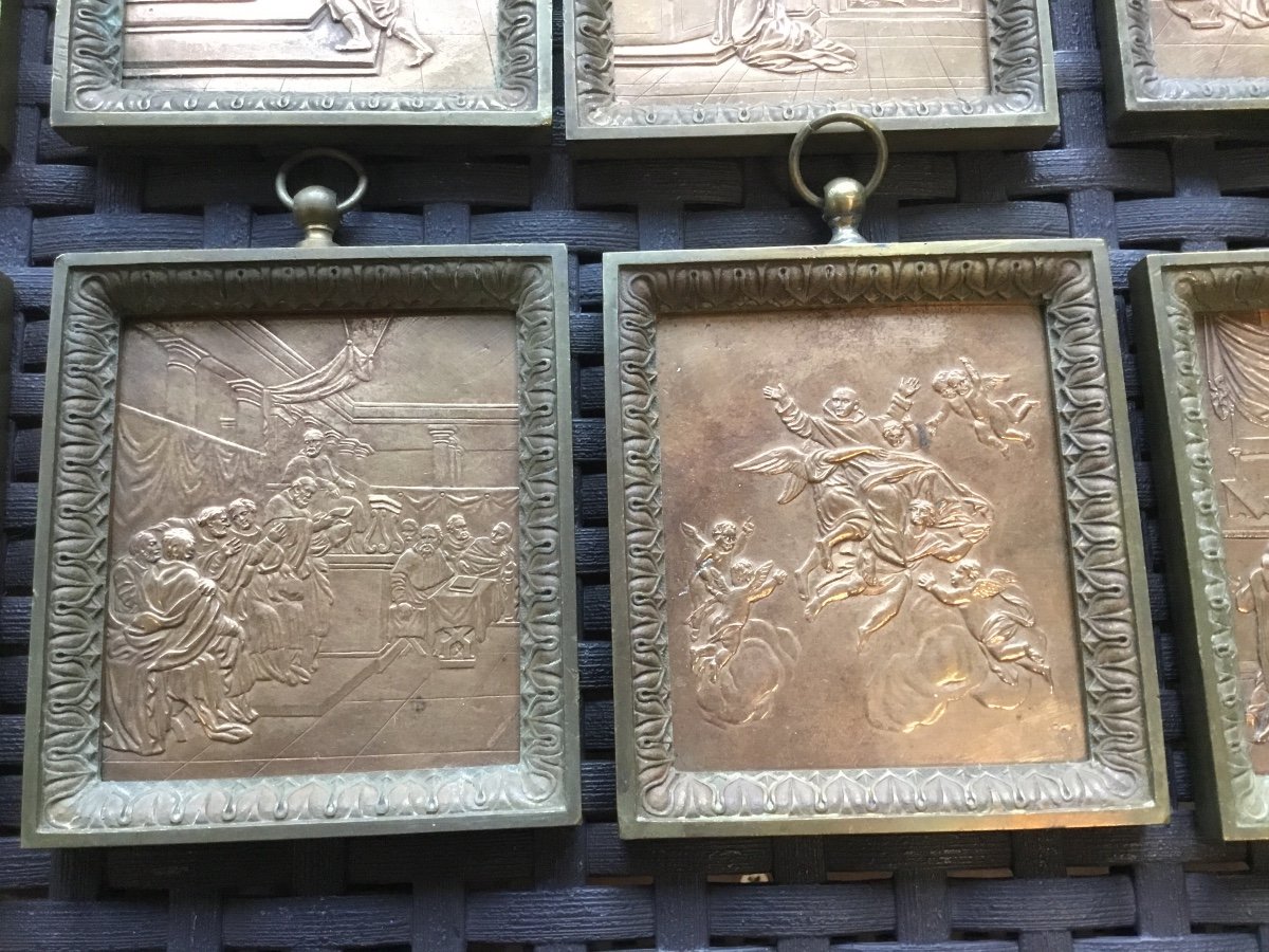 Suite Of 18 Framed Bronze Religious Plates-photo-7