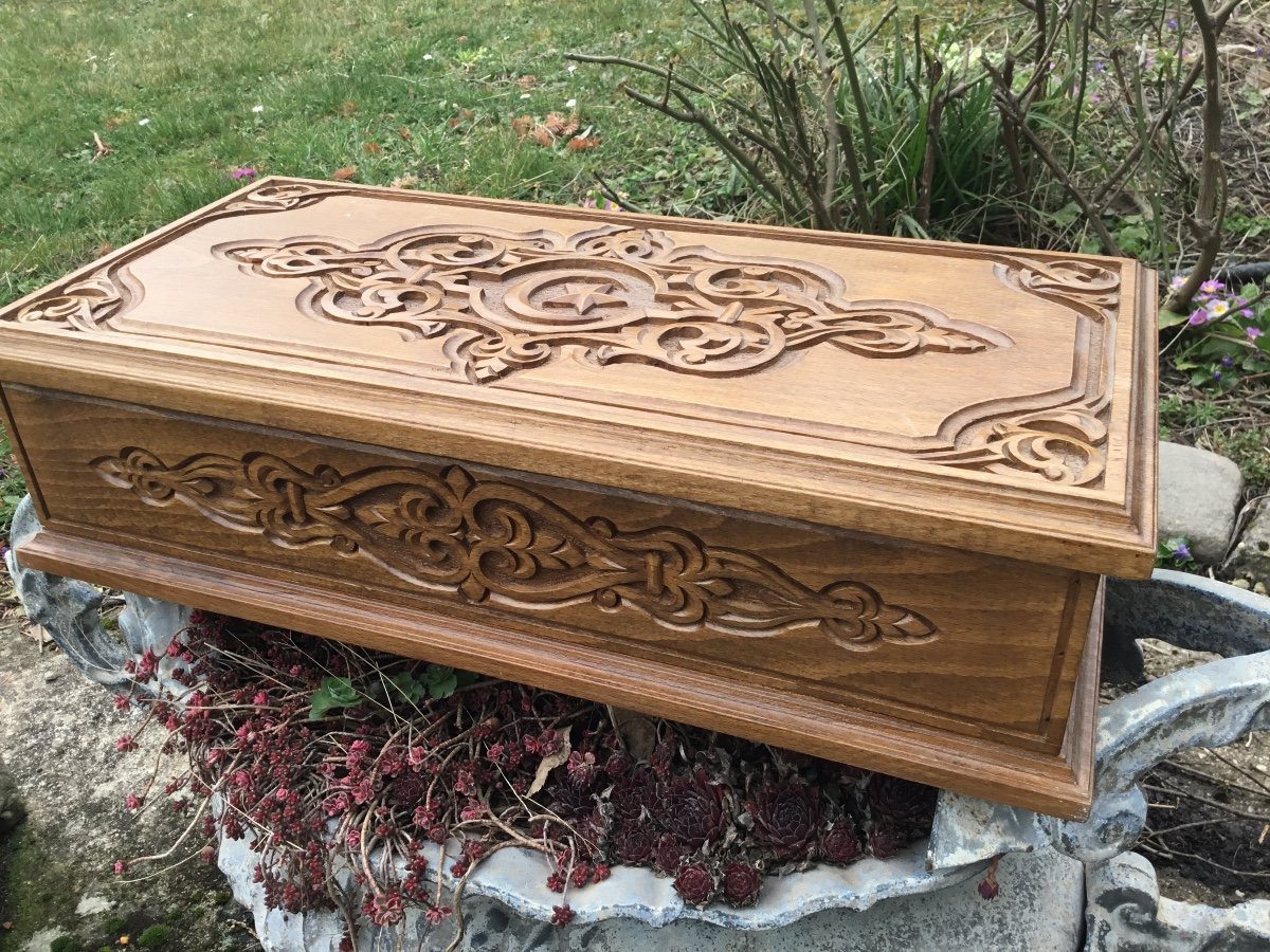 Large Carved Wooden Box With Oriental Patterns-photo-5