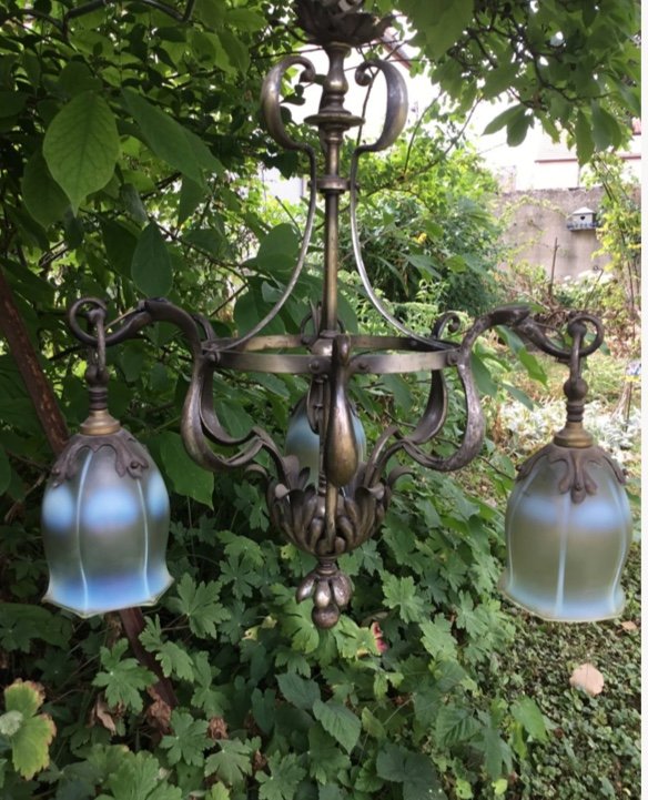 Chandelier With Opalescent Tulips, Arts And Craft, Circa 1900