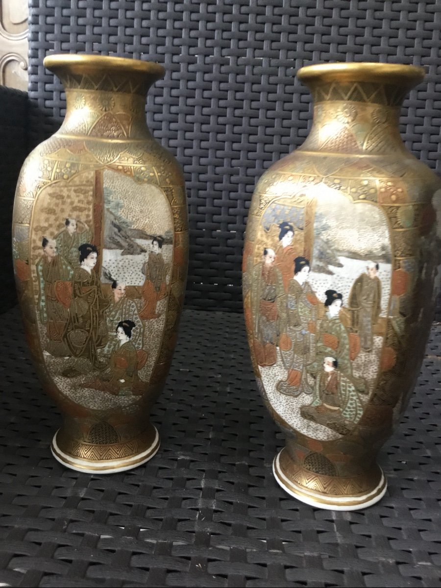 Paire De Petits Vases Satsuma En Porcelaine, Japon -photo-2