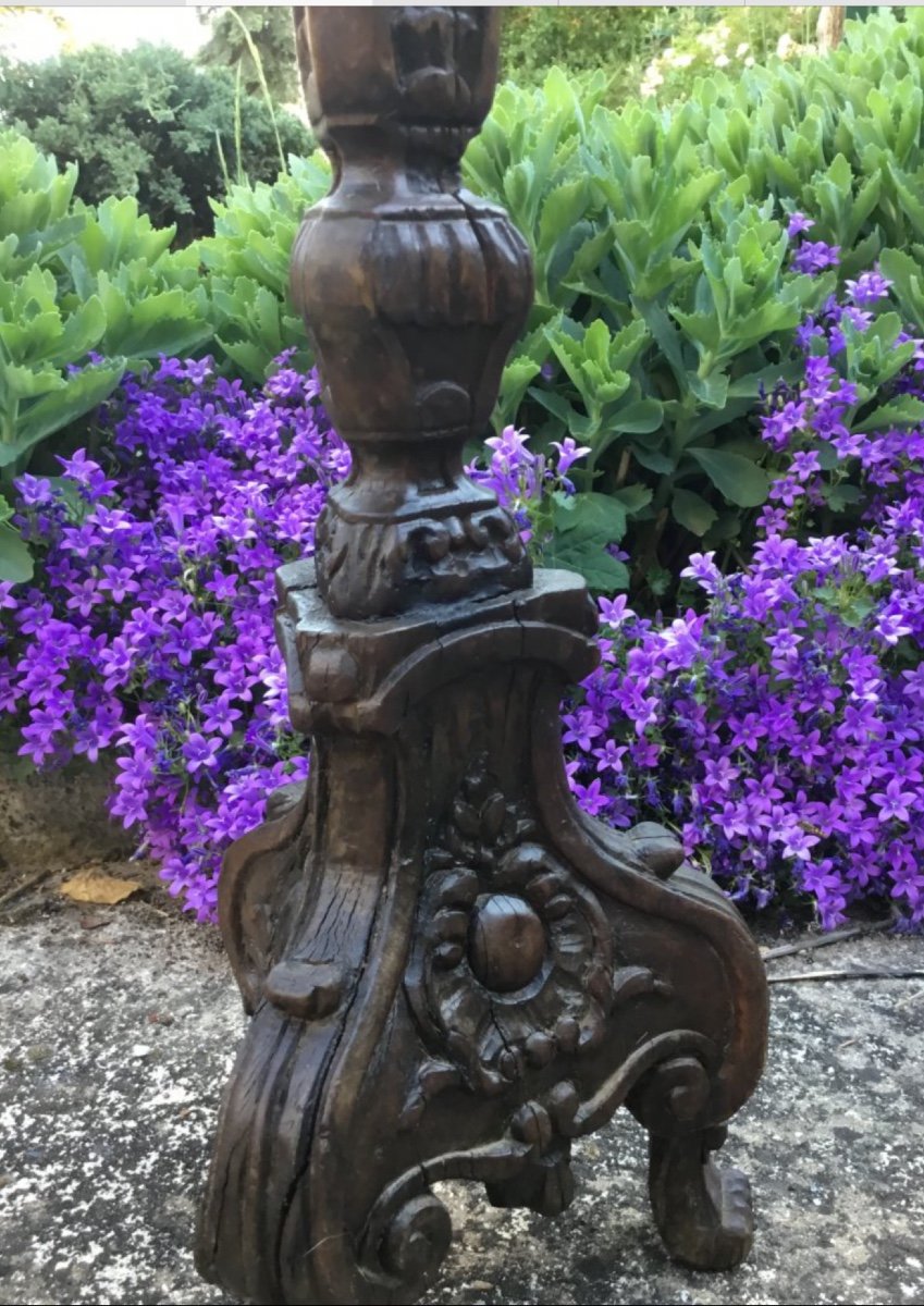 Candlestick In Carved Wood (80 Cm), Late Seventeenth-photo-2