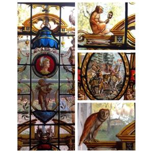 Pair Of Stained Glass Windows With Renaissance Decor, XIXth