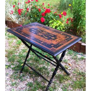 Inlaid Folding Side Table Bamboo Legs