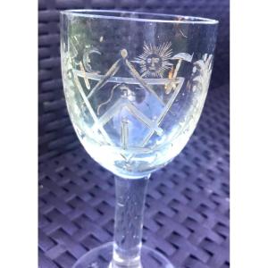Agapes Glass With Foot In Blown Crystal And Engraved With Masonic Symbols