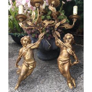 Paire D’appliques Italiennes Aux Putti, En Bois Doré