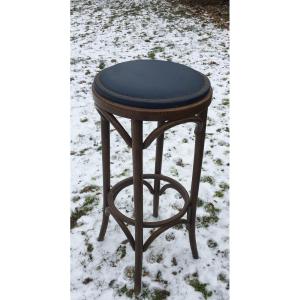 Tabouret De Bar En Bois Courbé , Assise Cuir , Vers 1900