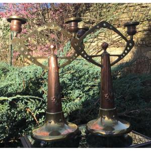 Pair Of Brass And Copper Arts And Crafts Torches