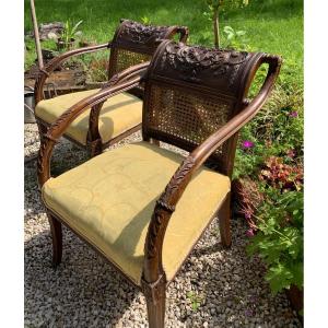 Pair Of Anglo-indian Armchairs In Carved Exotic Wood