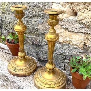 The Pair Of Candlesticks In Gilt Bronze 