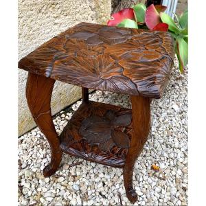 Small Carved Side Table Decorated With Lotus Flowers 