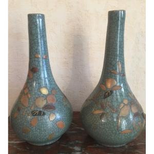 Pair Of Japanese Celadon Cracked Ceramic Vases 