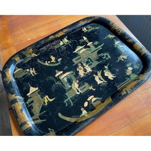 Large Sheet Metal Tray With Chinoiserie Decor 