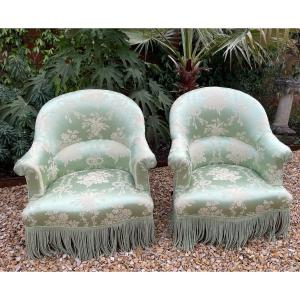 Pair Of Napoleon III “toad” Armchairs Covered In Silk 