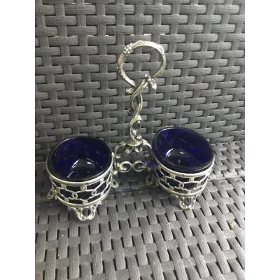 Saleron Double En Argent Et Verre Bleu.