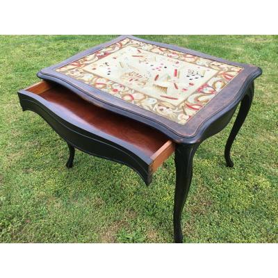 Table à Jeux Plateau Au Décor De Cartes à Jouer , Epoque Napoléon III