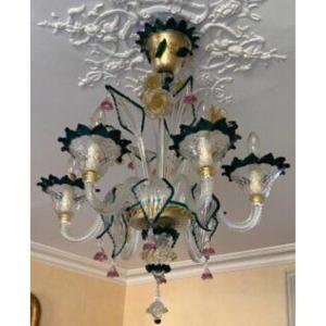 Murano Venice Chandelier In Green And Gold Glass