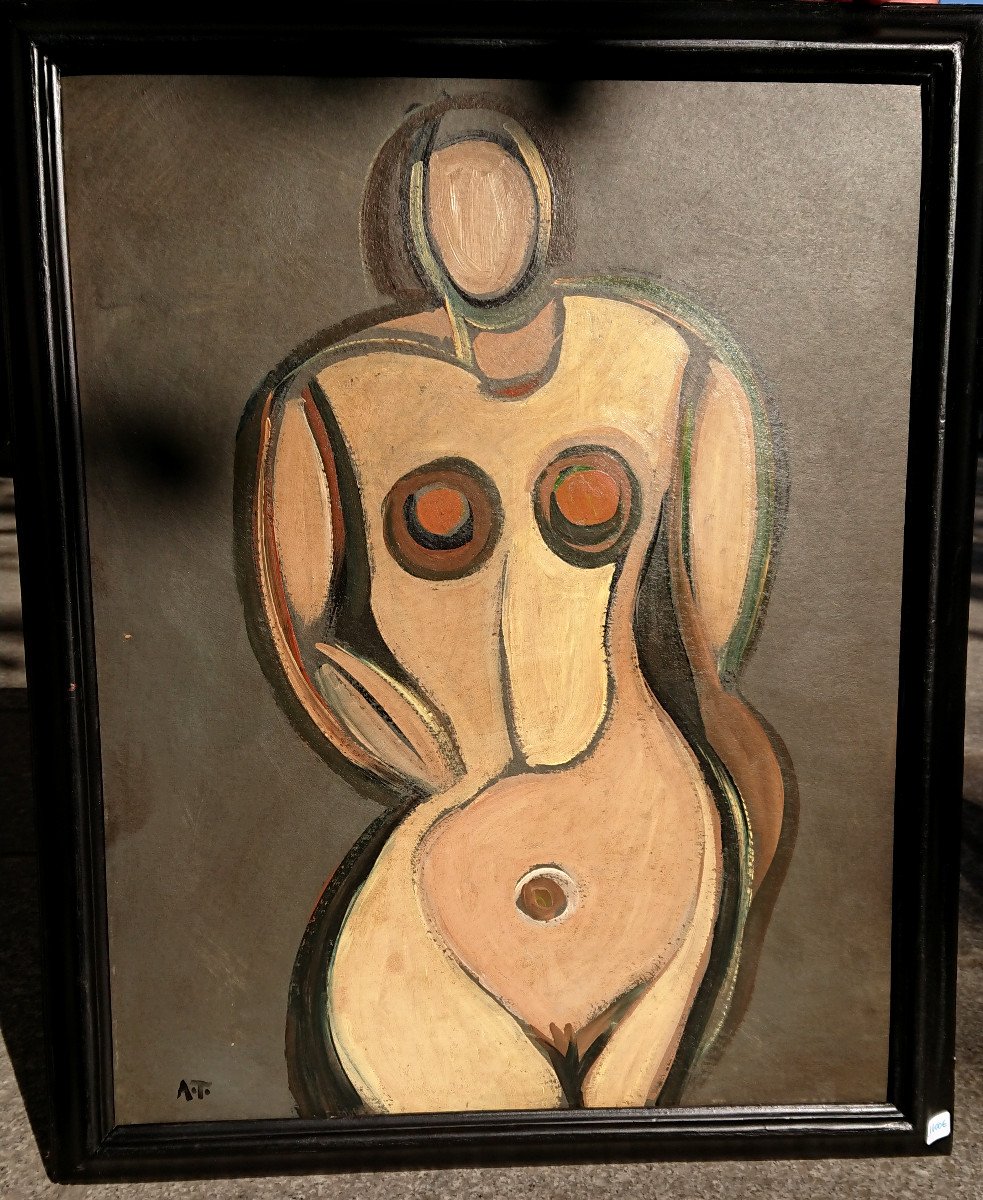 French School, Female Nude, Oil On Panel Signed With Monogram At, 1950s-photo-2