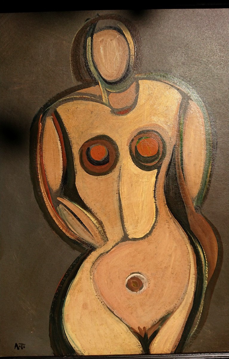 French School, Female Nude, Oil On Panel Signed With Monogram At, 1950s