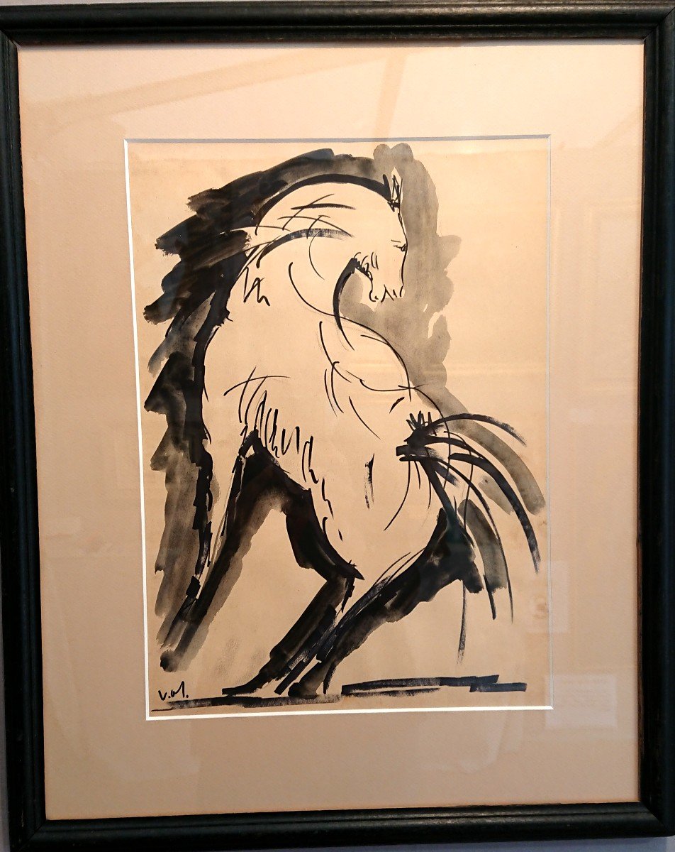 Milo Vojic (1923-2004), The Trained Horse, Ink On Papre, Signed, With Frame