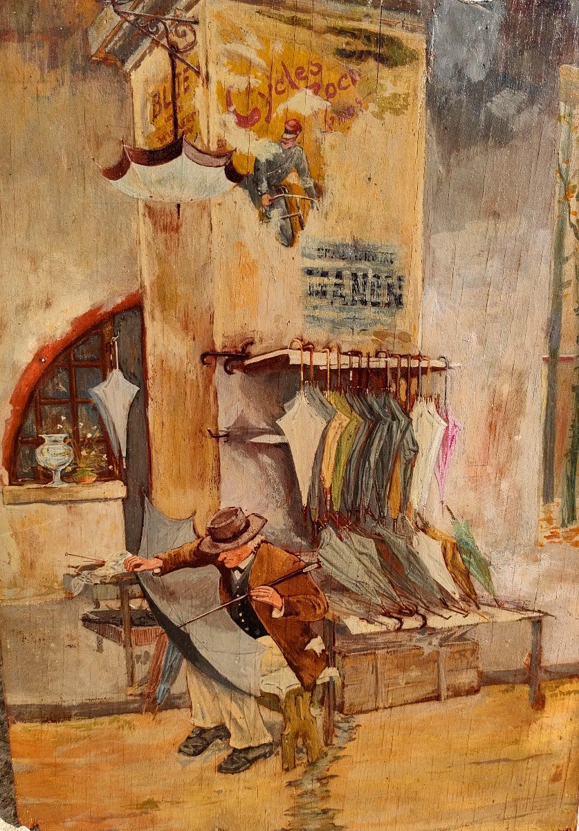 French School, The Umbrella Seller, Oil On Panel, Early Twentieth-photo-2