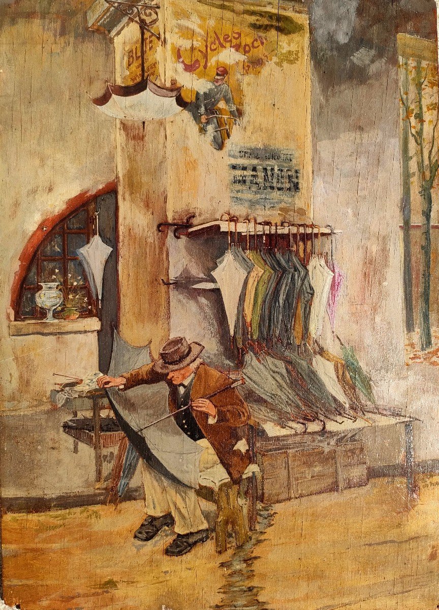 French School, The Umbrella Seller, Oil On Panel, Early Twentieth