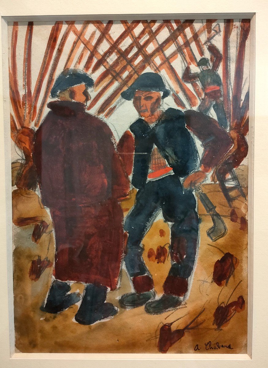 A. Chabaud (1882-1955), Les Paysans Devant Les Muriers, Aquarelle Gouachée, Signée, Encadrée-photo-2