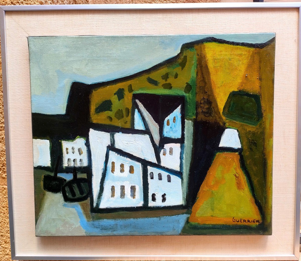 R. Guerrier (1920-2002) , Petit Port Espagnol, Huile Sur Toile Signée, Titrée, Encadrée-photo-1