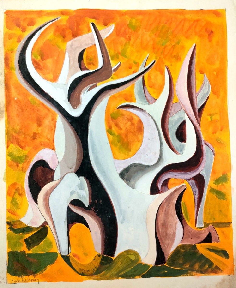 Bud Wehrheim ( 1910-2001), Composition Surréaliste, Gouache Sur Papier, Signée, Années 50