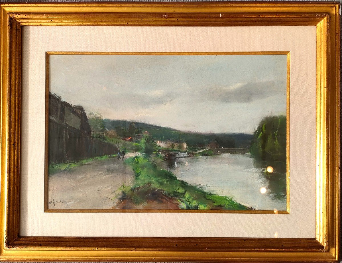 P.J. Pelletier (1869-1931), Bord De Seine, Pastel Sur Papier, Signé, Encadré