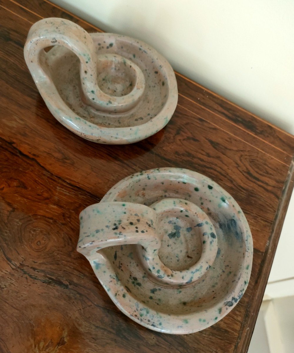 Pitcher And Pair Of Candlesticks In Glazed Ceramic, 1970s, Signed Th Under The Base-photo-4