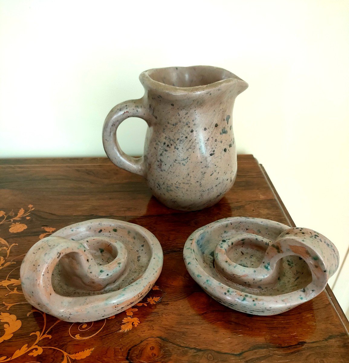 Pitcher And Pair Of Candlesticks In Glazed Ceramic, 1970s, Signed Th Under The Base