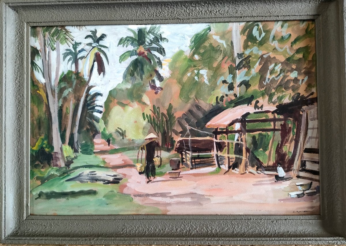 E. Ratel (20th Century), Indochina Landscape, Watercolor On Paper, Signed On The Right, Framed-photo-2