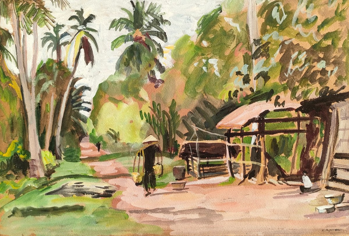 E. Ratel (20th Century), Indochina Landscape, Watercolor On Paper, Signed On The Right, Framed-photo-3