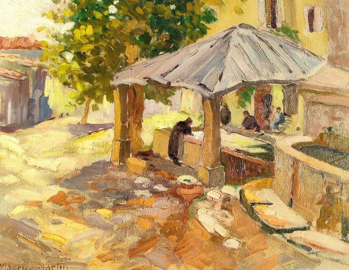 Maurice Martin (1894-1978), The Provençal Lavoir, Oil On Panel, Signed, Framed-photo-3