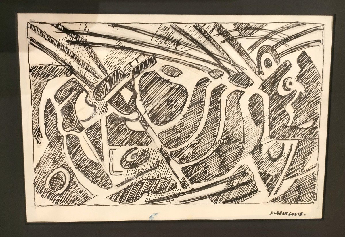 A. Coste (1896-1985), Composition Abstraite,  Encre Sur Papier, Signée à Droite.