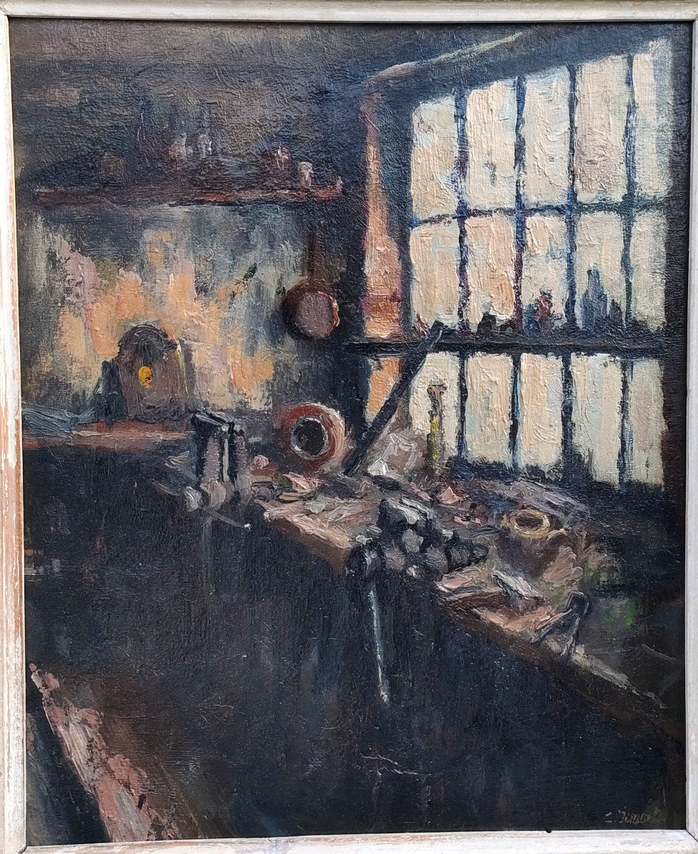 French School 20th Century, Workbench, Oil On Cardboard Signed On The Right