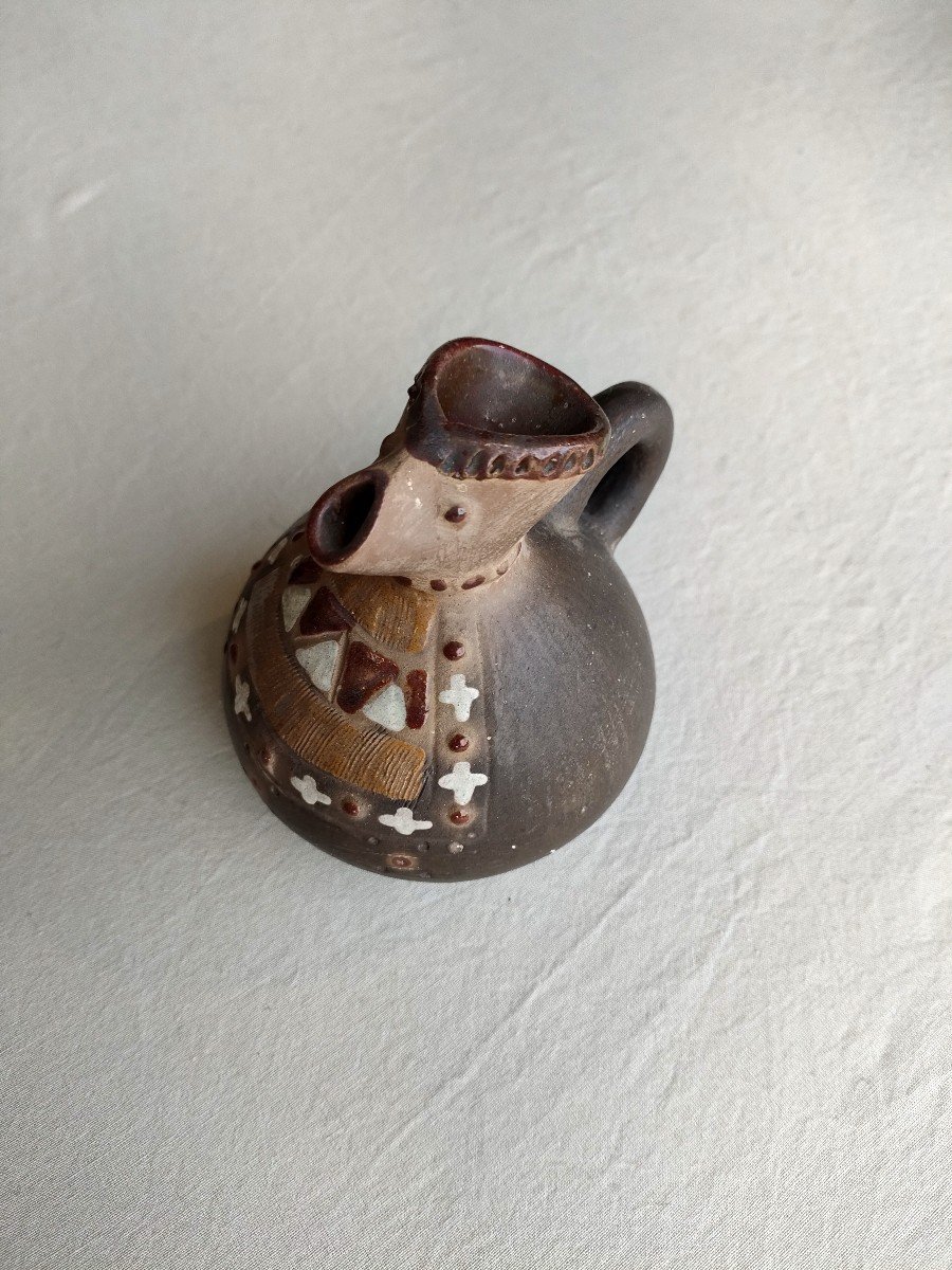 20th Century Mexican School, Small Terracotta Pitcher With Anthropomorphic Decor.-photo-2
