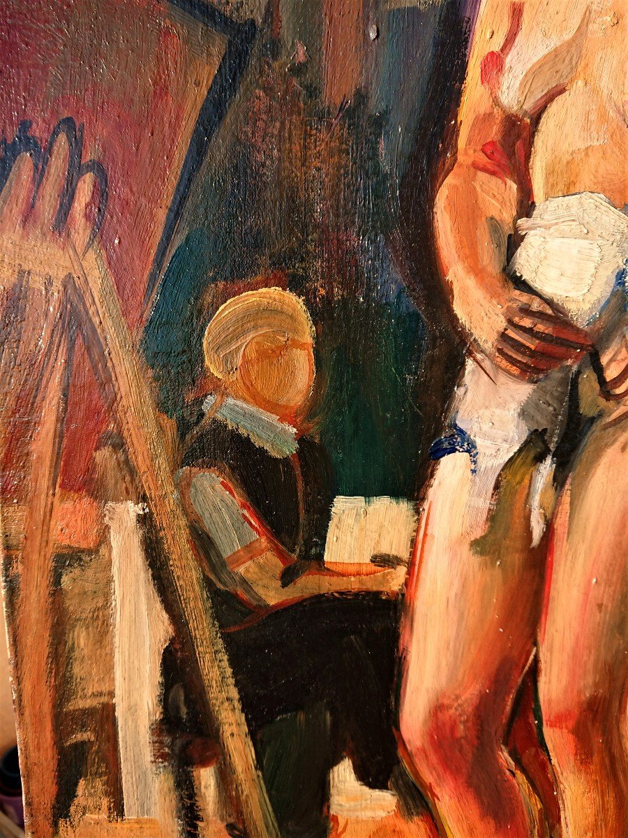 Janine Marca (1921-2013), Nu Dans l'Atelier Du Peintre, Huile Sur Toile Signée, 1940-photo-4