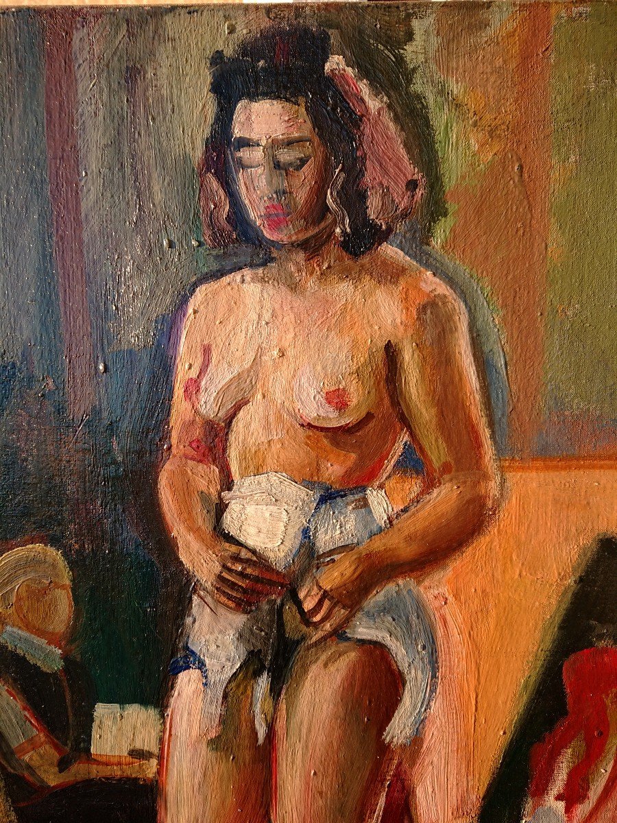 Janine Marca (1921-2013), Nude In The Painter's Studio, Oil On Canvas Signed, 1940-photo-1