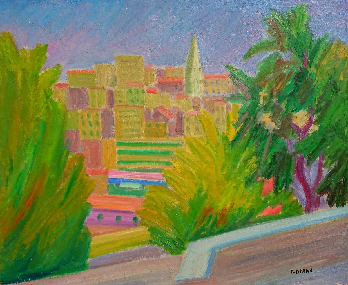 F. Diana (1903-1993) View Of The Accoules Bell Tower, Marseille, Oil On Cardboard Signed, Frame-photo-1