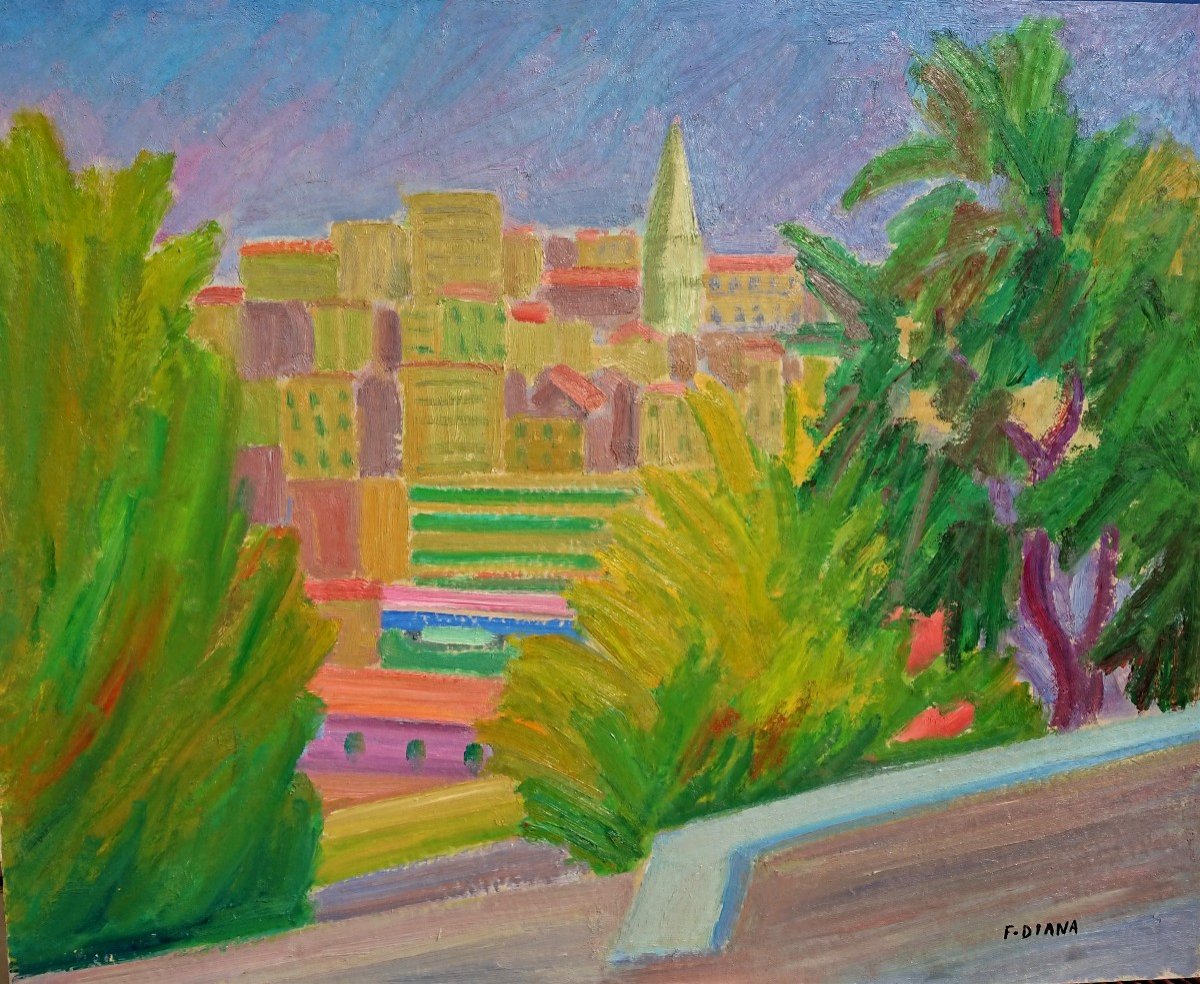 F. Diana (1903-1993) View Of The Accoules Bell Tower, Marseille, Oil On Cardboard Signed, Frame