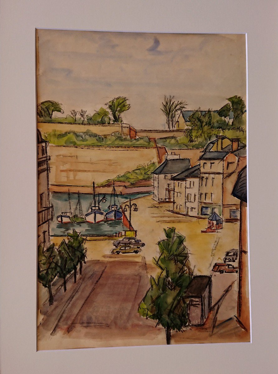 E. Morisot (20th Century), Le Petit Port, Charcoal And Watercolor On Paper, -photo-1