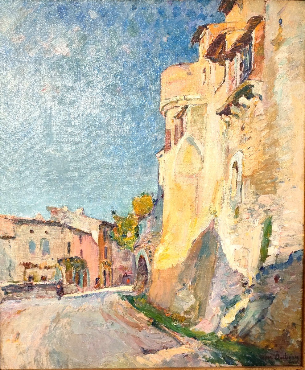 J. Aubery (1880-1952), Les Remparts de Grignan, huile sur toile signée, encadrée