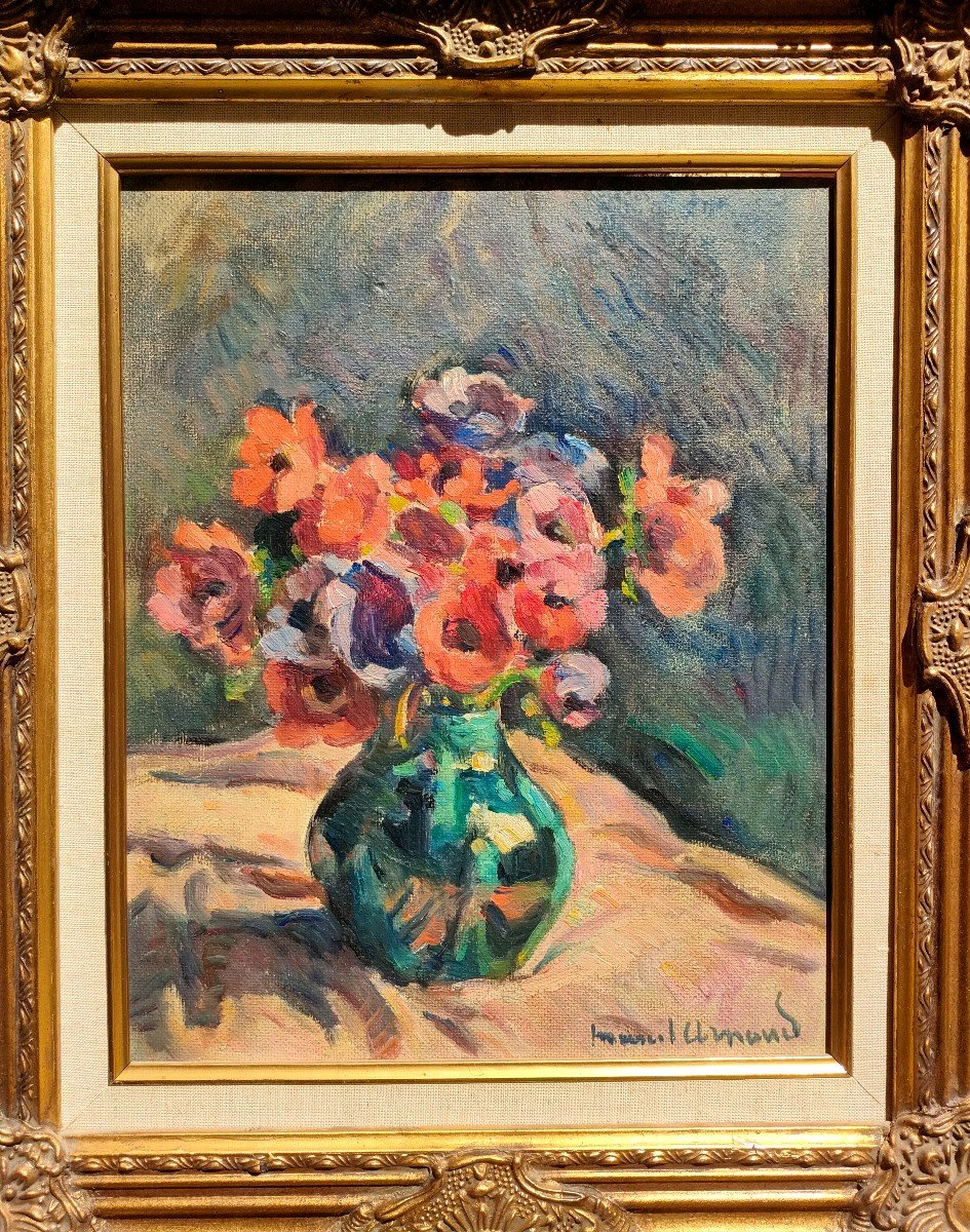 Marcel Arnaud (1877-1956),  Bouquet d'Anémones, Huile Sur Toile Signée, Encadrée-photo-2