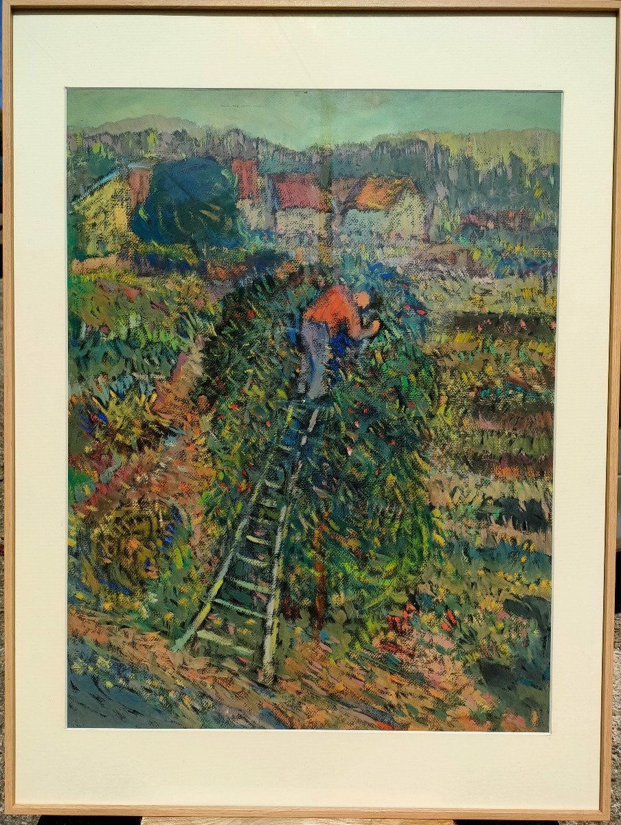 R. Rosso (1924-1987) Cherry Picking, Pastel On Paper, Signed, Framed, 1960s-photo-4