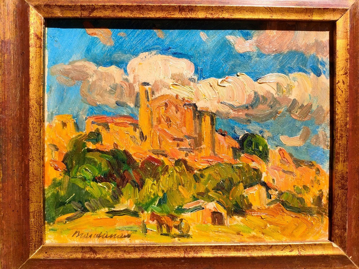 Marcel Arnaud (1877-1956), View Of The Village Of Eguilles, Oil On Cardboard Signed, Framed-photo-2
