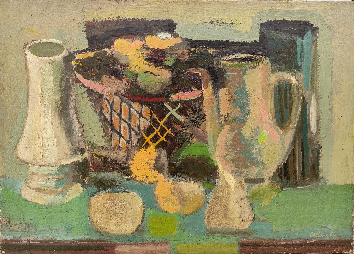 G. Besson (xxème), Nature Morte à La Carafe, Huile Sur Toile Signée, Datée 62-photo-3