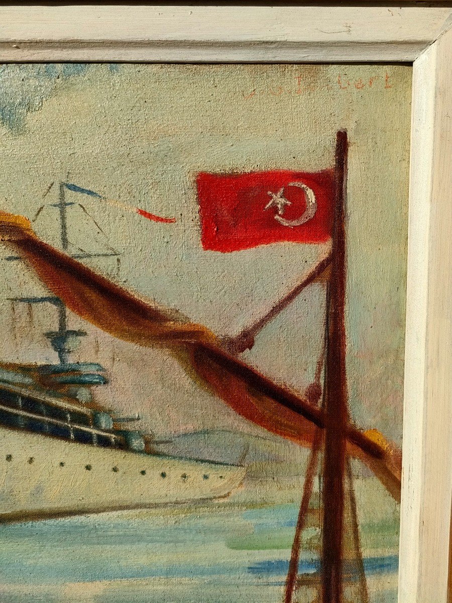 Imbert (19th/20th Century), Ship In Front Of Saint Sophia, Oil On Canvas Signed On The Right, Frame-photo-1