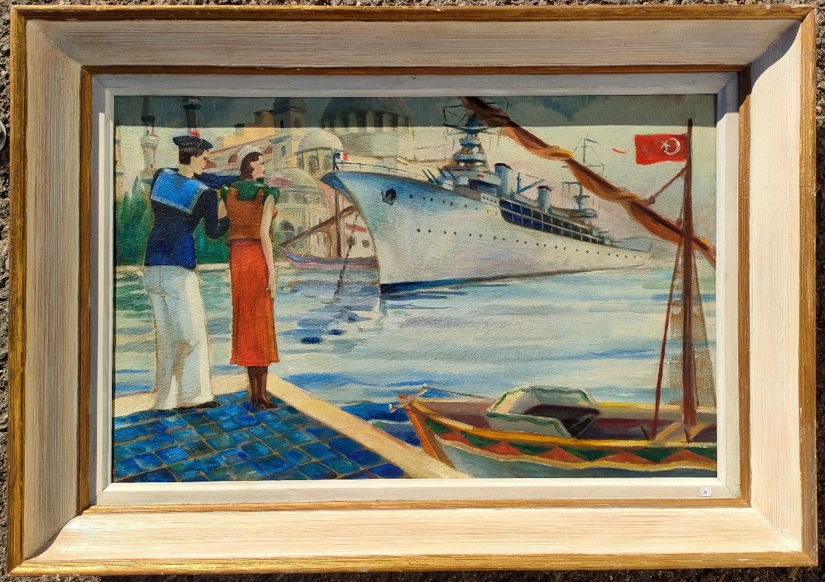 Imbert (19th/20th Century), Ship In Front Of Saint Sophia, Oil On Canvas Signed On The Right, Frame-photo-2