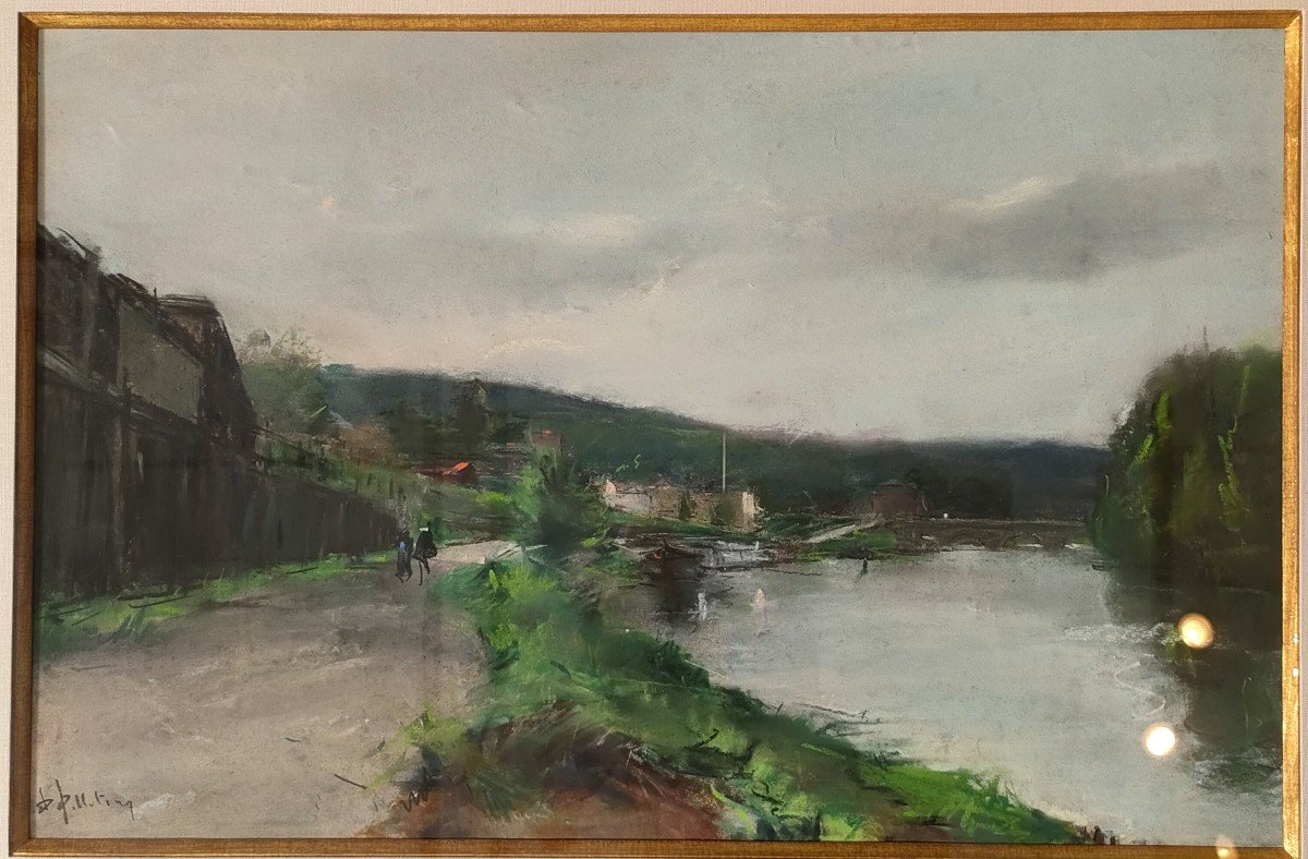 P.j. Pelletier (1869-1931), Bord De Seine, Pastel Sur Papier, Signé à Droite, Encadré